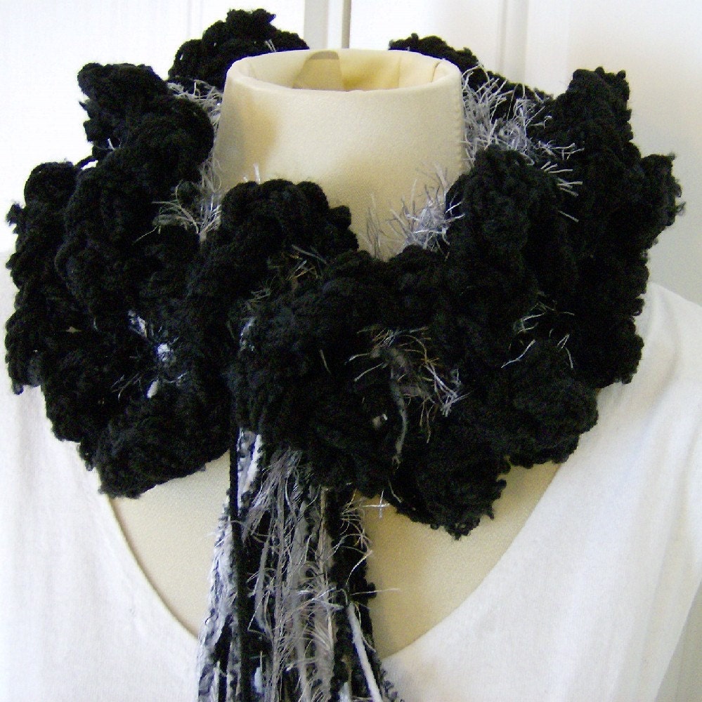 Black and White Fluffy Ruffled Neck Warmer Scarf