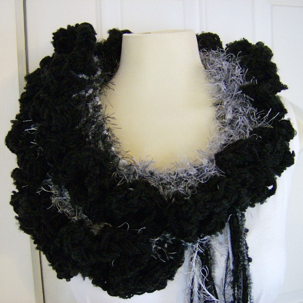 Black White Boa Ruffled Scarf