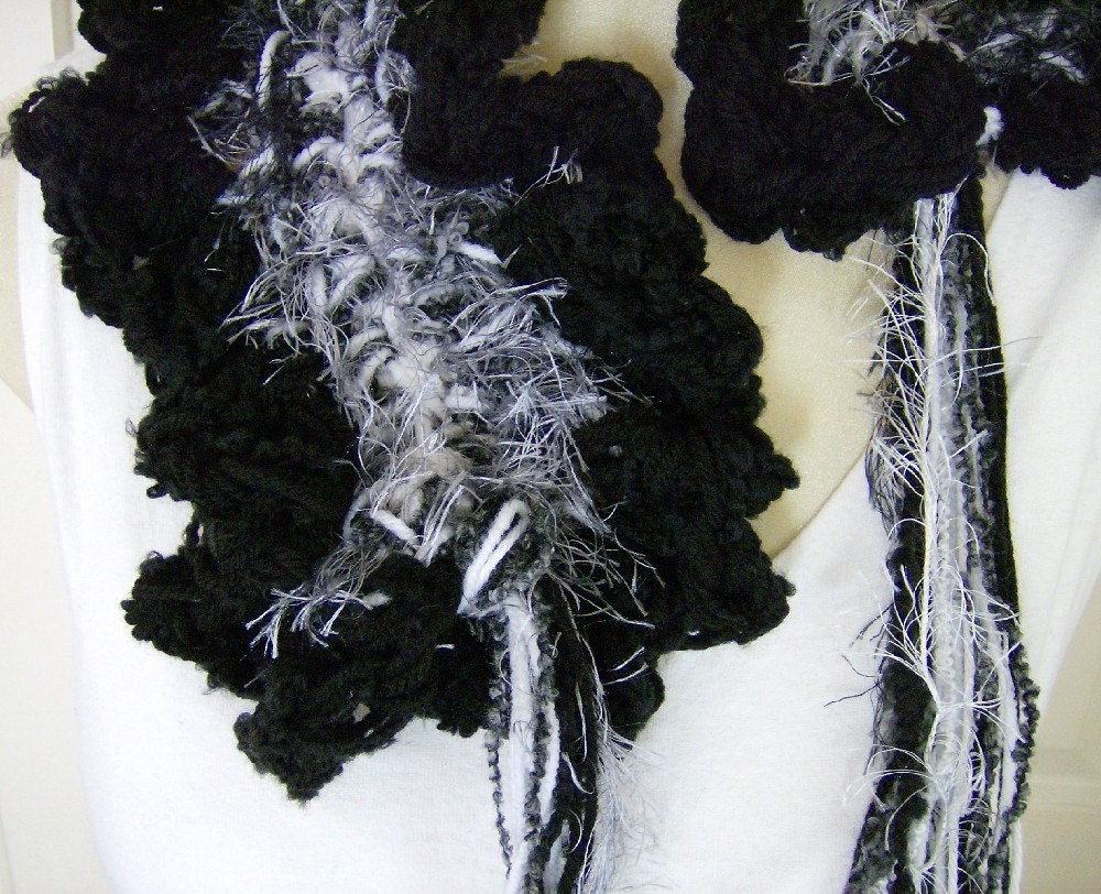 Black and White Fluffy Ruffled Neck Warmer Scarf