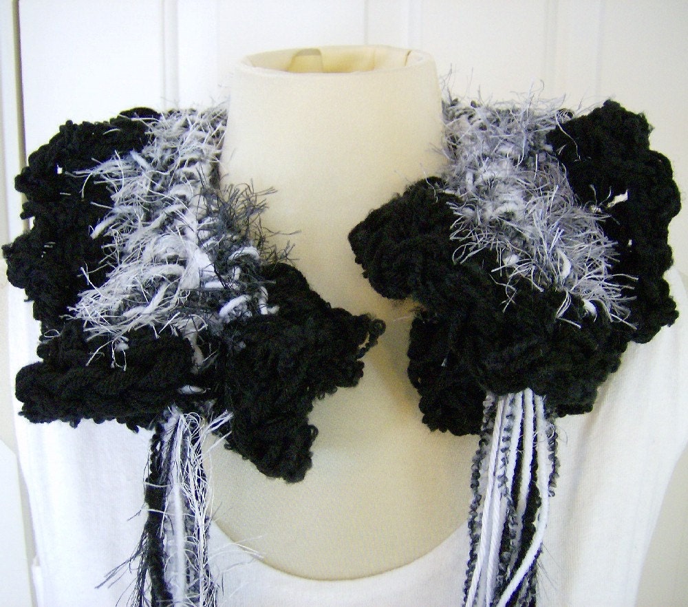 Black and White Fluffy Ruffled Neck Warmer Scarf