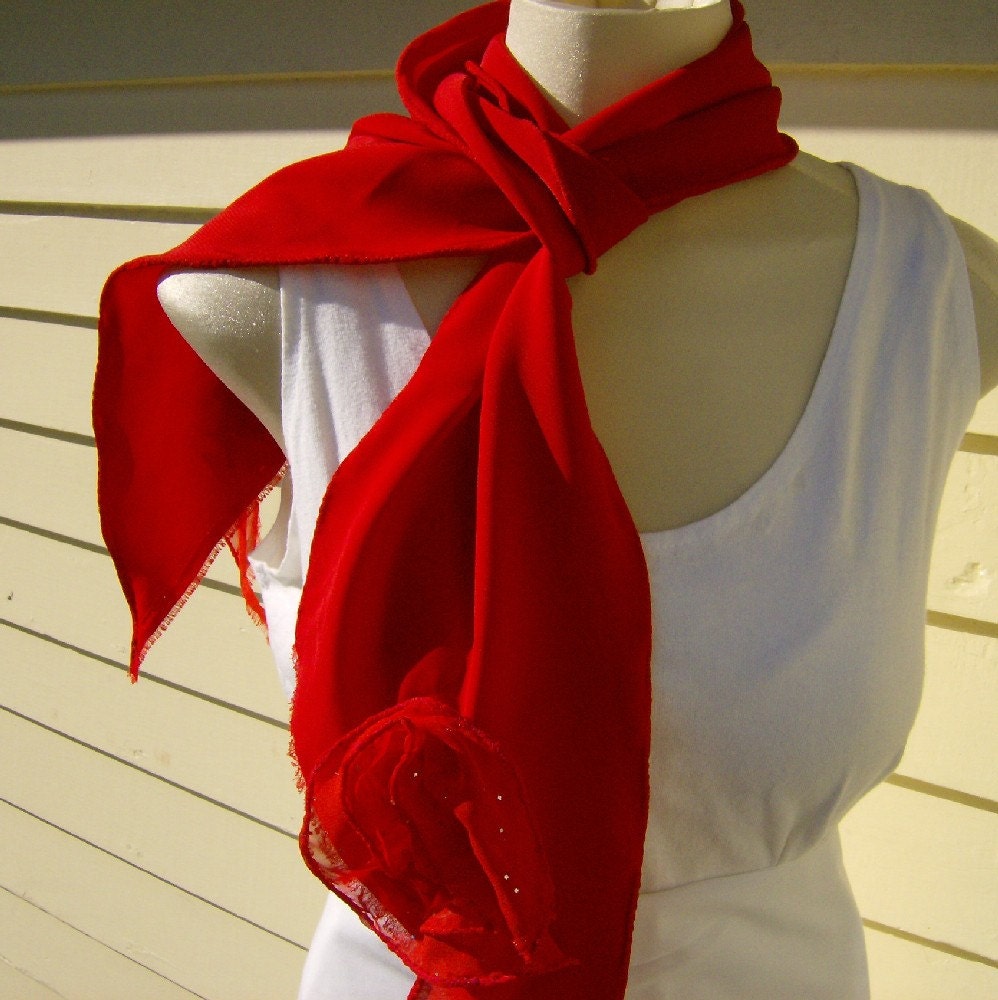 Scarlet Red Rose Dewdrop Scarf Sash