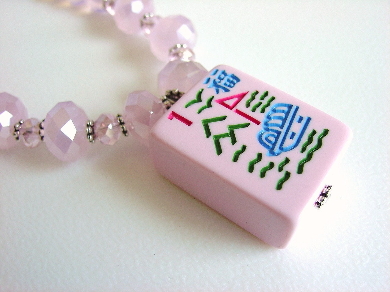 OOAK Pink Mah Jong Necklace with Crystals
