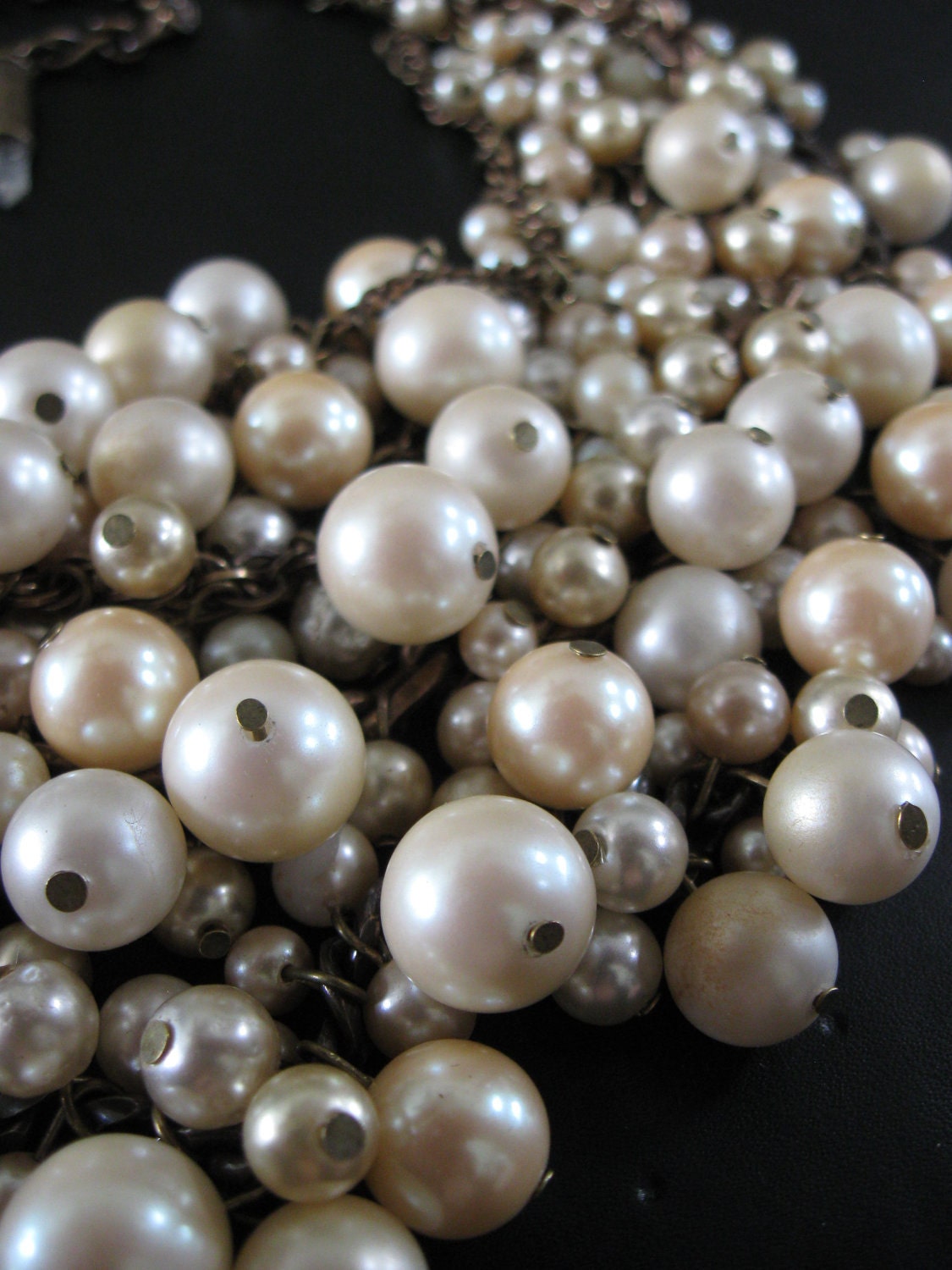Mermaid Farts - Tangled Decayed Upcycled Pearl Bib Necklace - Cream Ecru and Brass