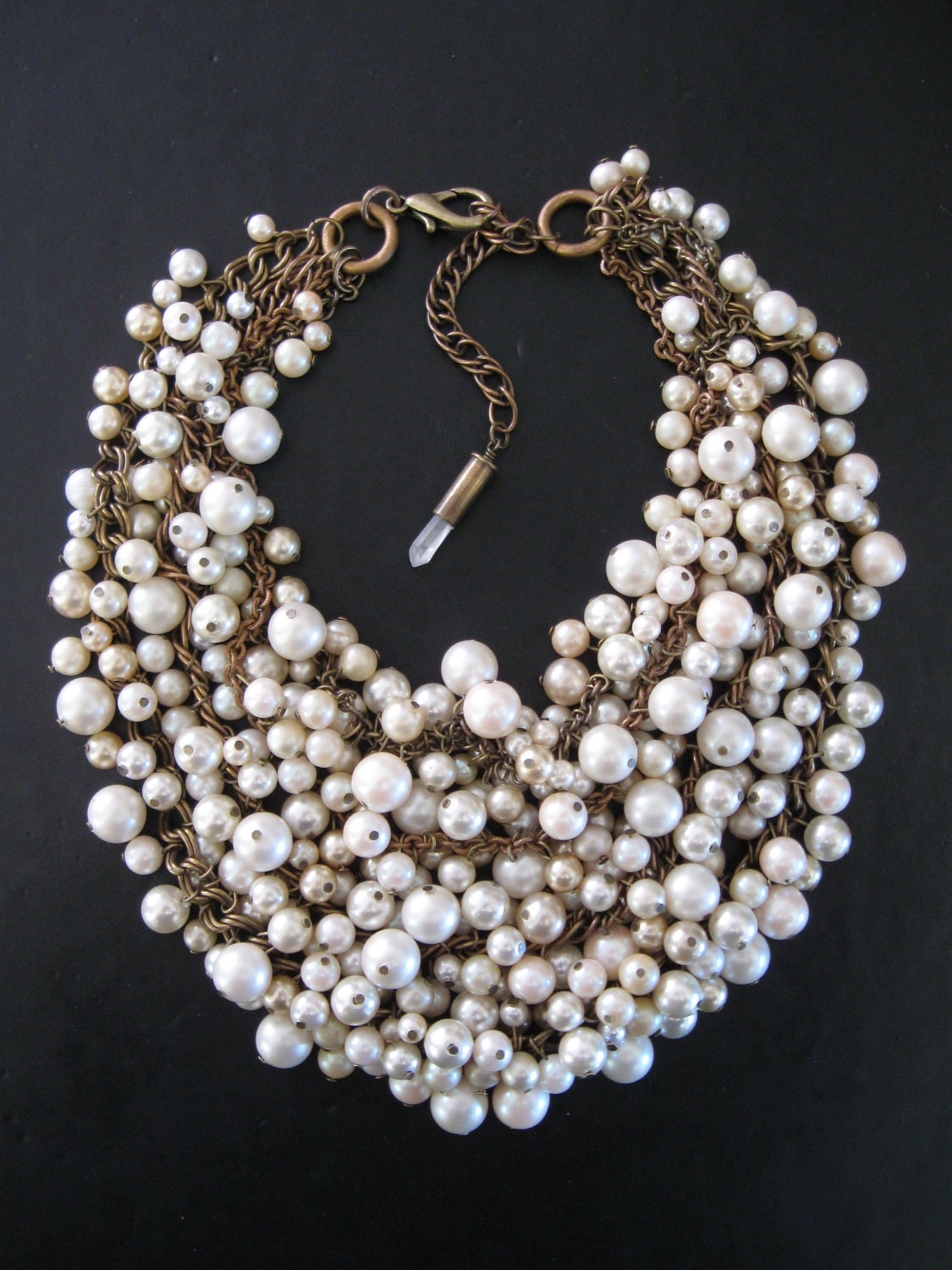 SALE - Mermaid Farts - Upcycled Pearl Bib Necklace - Cream Ecru and Brass - Eco Wedding