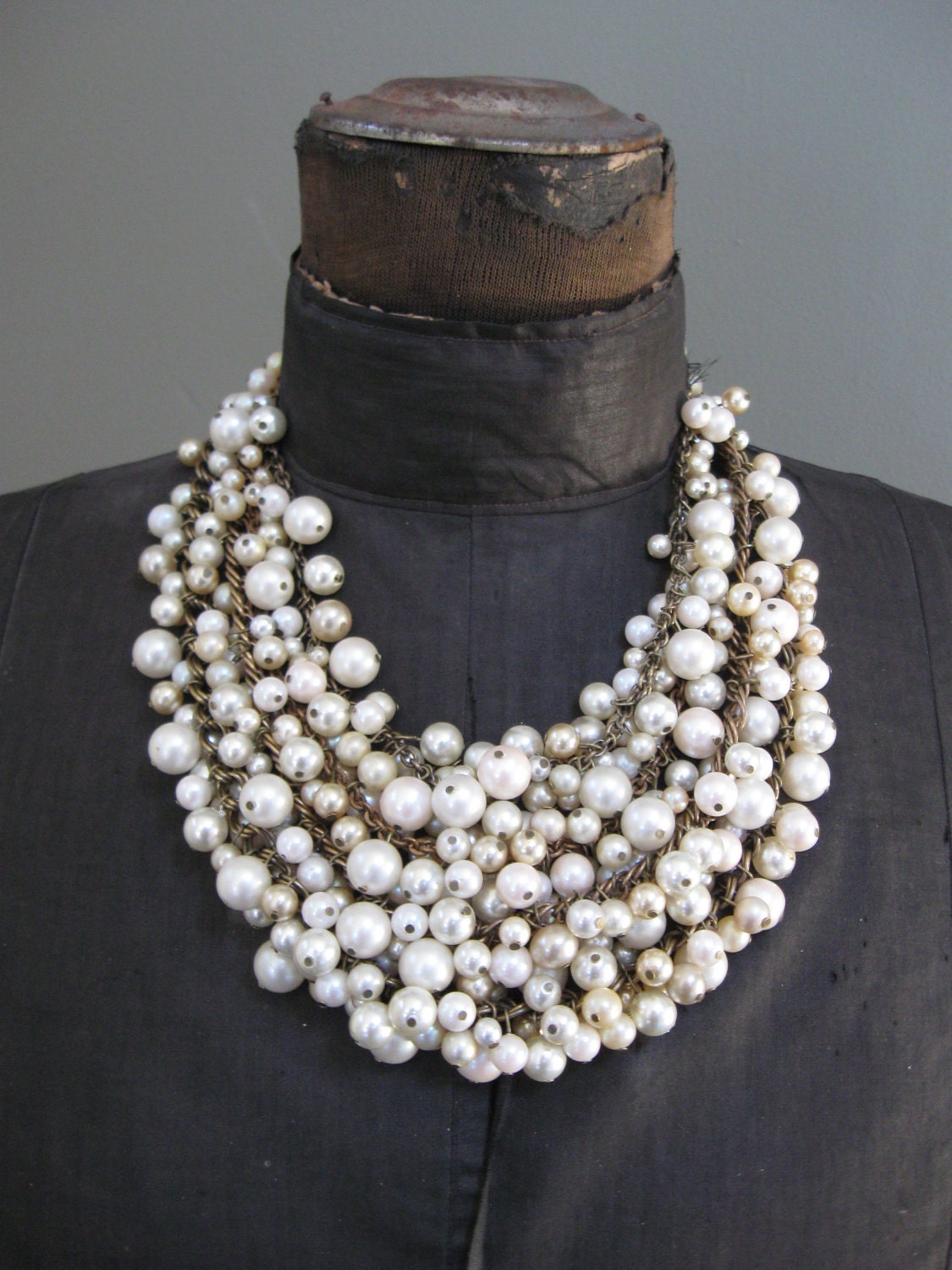SALE - Mermaid Farts - Upcycled Pearl Bib Necklace - Cream Ecru and Brass - Eco Wedding