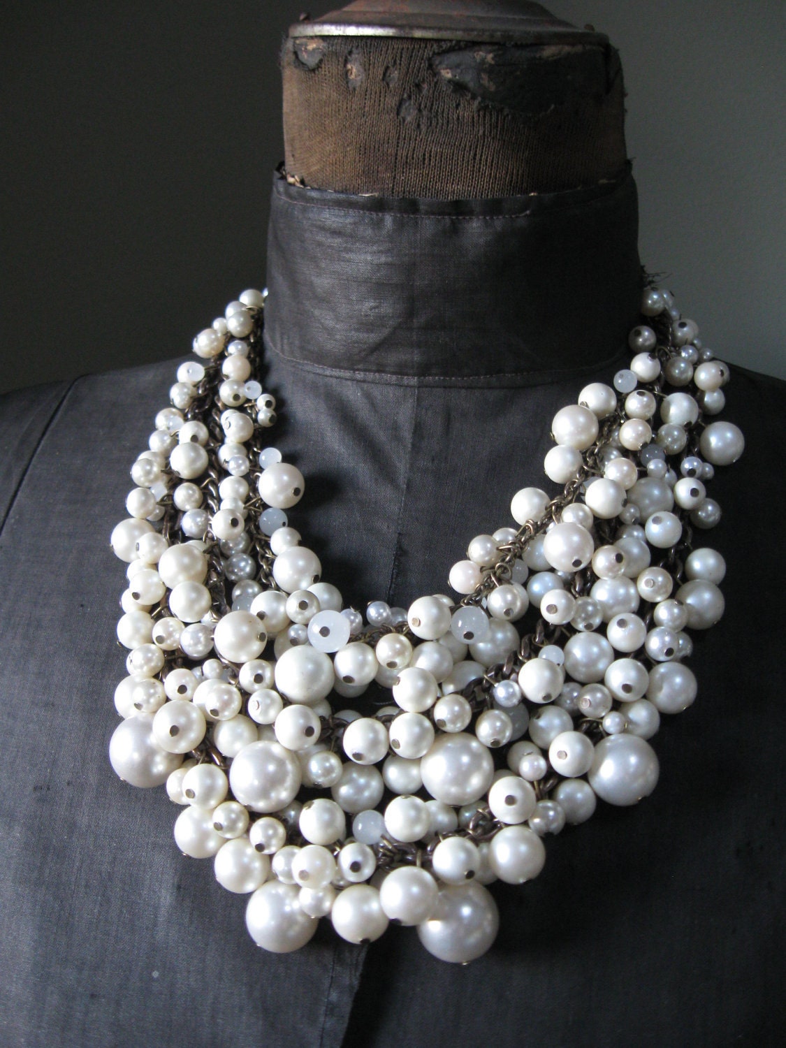 Recycled Pearl Bib Necklace - Mermaid Farts - Creamy White and Brass - Eco Friendly