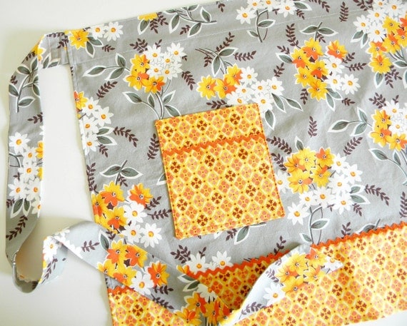 Half Apron - Flea Market Fancy Floral Wrap in grey and orange