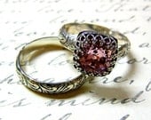 Vintage Engagement Sterling Silver Swarovski Crystal Pink Light Rose Ring with matching Floral Band with Tiara Crown like bezel - Wedding