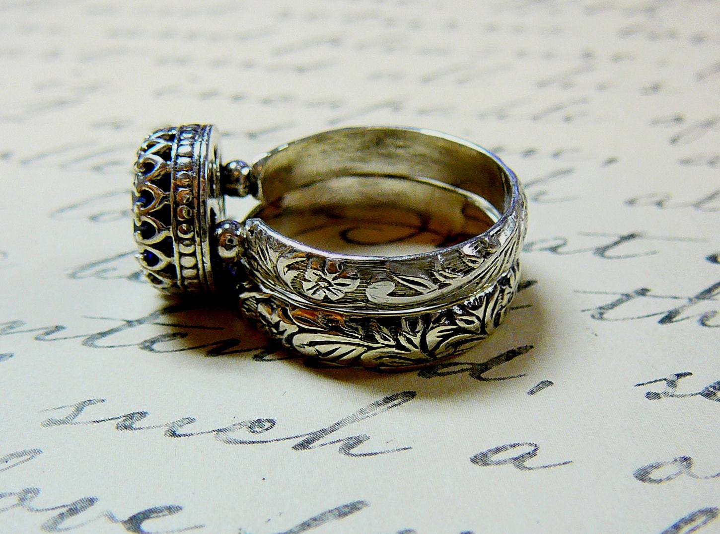 Vintage Engagement Sterling Silver Created Sapphire Ring with Tiara Crown like bezel - Wedding