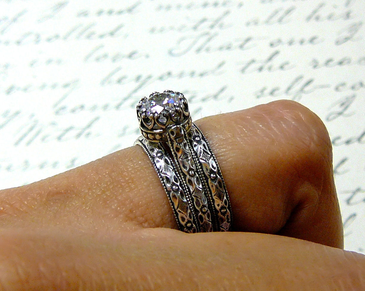 Vintage Engagement Sterling Silver Swarovski CZ Floral Band Ring with Tiara Crown like bezel - Wedding