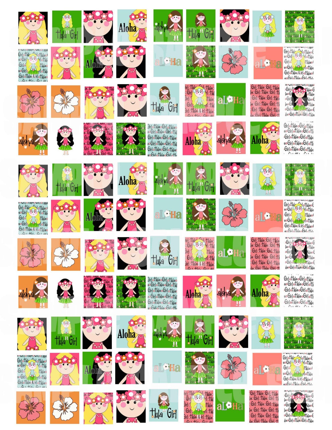 Hula Girl Digital Collage Sheet .75 by .83 Square for  Scrabble Pendants