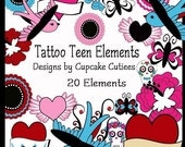 Tattoo Tween  Element Clip art Digital Embellishments Commercial use for Cards, Stationary and Paper Products