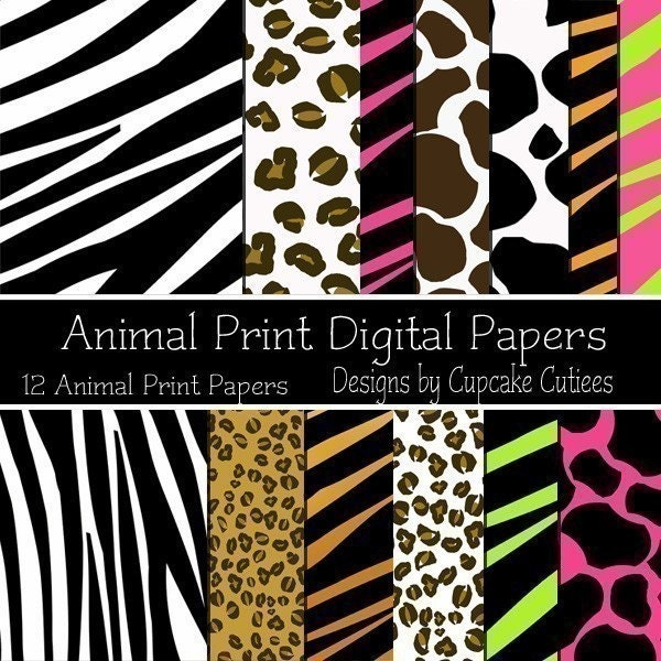 Animal Print  Digital Collage Sheets 8.5 by 11 Sheets Set of 12 Digital Papers Zebra Cheetah, Giraffe