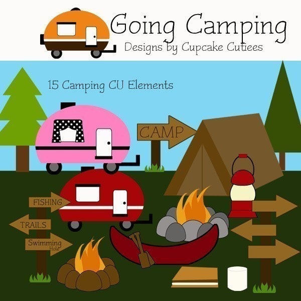 Going Camping Whimsical Digital Clip art collection  Camp Summer 15 Elements