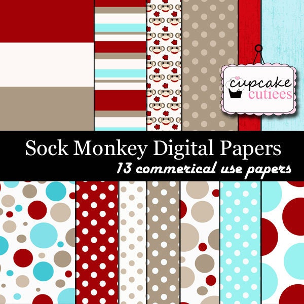 Sock Monkey  Digital Collage Sheets 8.5 by 11 Sheets Set of 13 Digital Papers