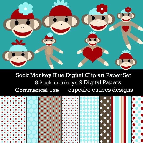 Sock Monkey BLUE  Digital Clipart Elements and Papers Commercial use for paper, invites, and web design