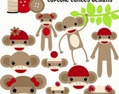 NEW Retro Sock Monkey  Digital Clipart Elements and Papers Commercial use for paper, invites, and web design