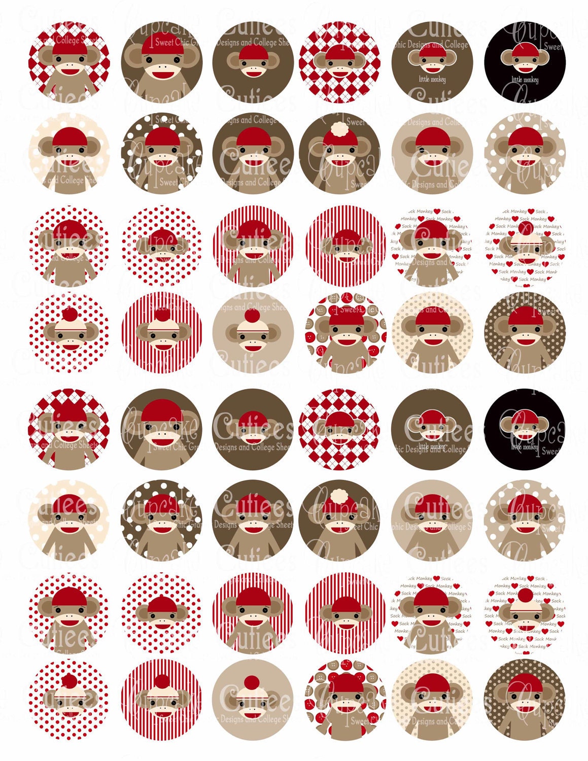 Retro Sock Monkey  Digital Collage Sheet 1 inch Circles  Designs