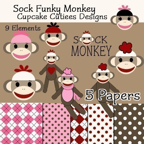 Sock Monkey  Digital Clipart Elements and Papers Commercial use for paper, invites, and web design