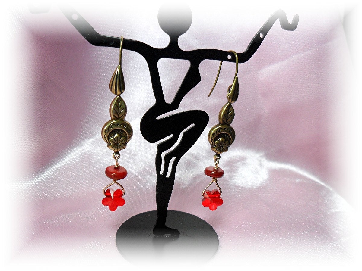 Ornate Brass with Ruby Swarovski Crystal Flower Earrings - OOAK - Free Shipping