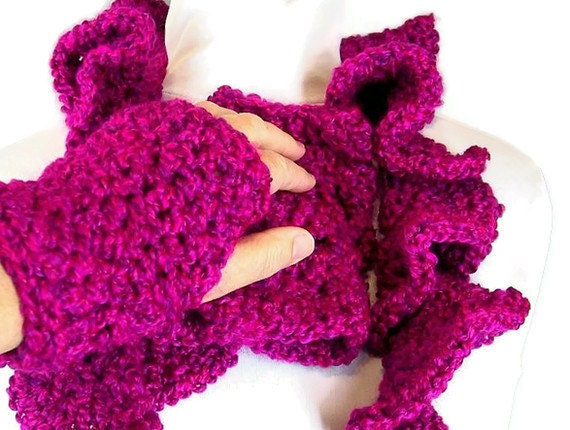 Ruffled Crochet Scarf and Wrist Warmers - Raspberry Wine