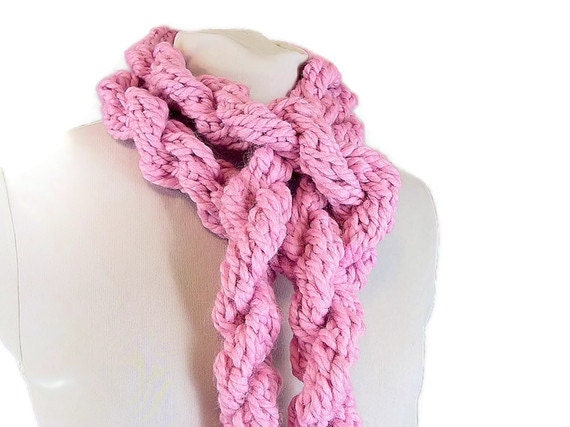 Handmade Twisted Rope Scarf - Skinny Scarf - Raspberry Sherbert