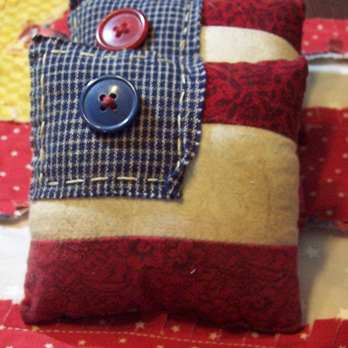 Primitive American Flag Bowl Fillers / Ornies -  Hand Pieced Quilt Patriotic Flag - Set of 3 - Red White Blue Americana