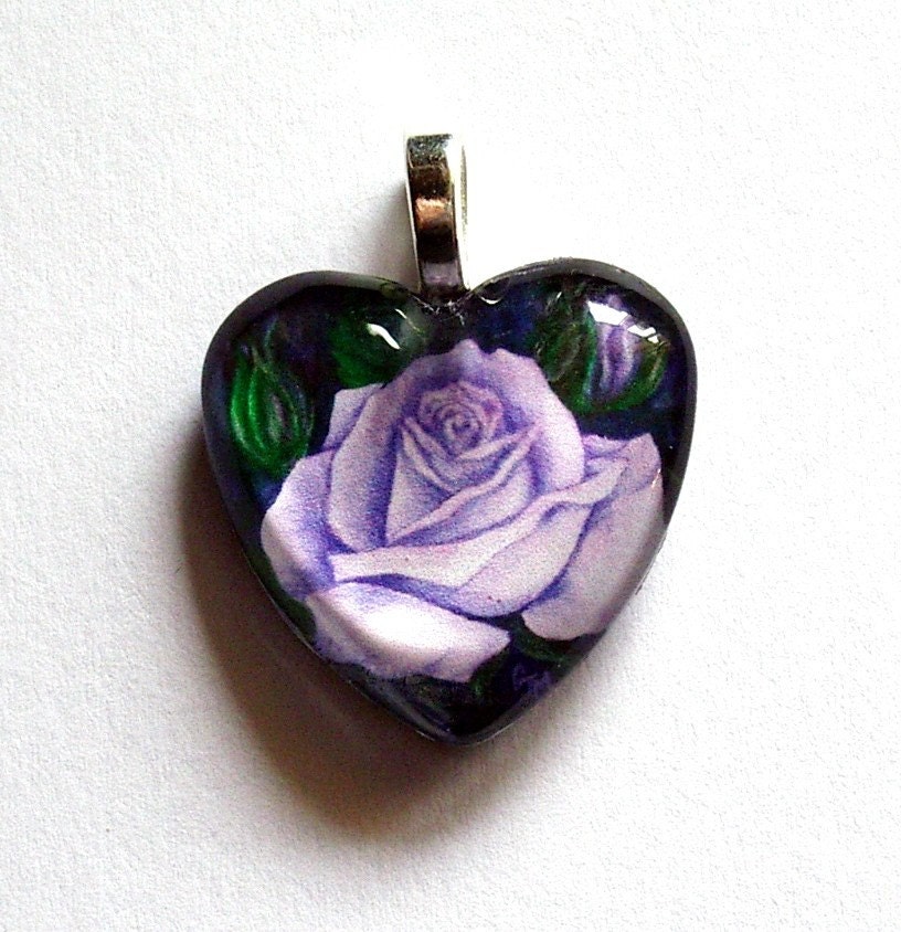 Rose Jewelry Pendant Lavender Rose Heart Shape Art Glass