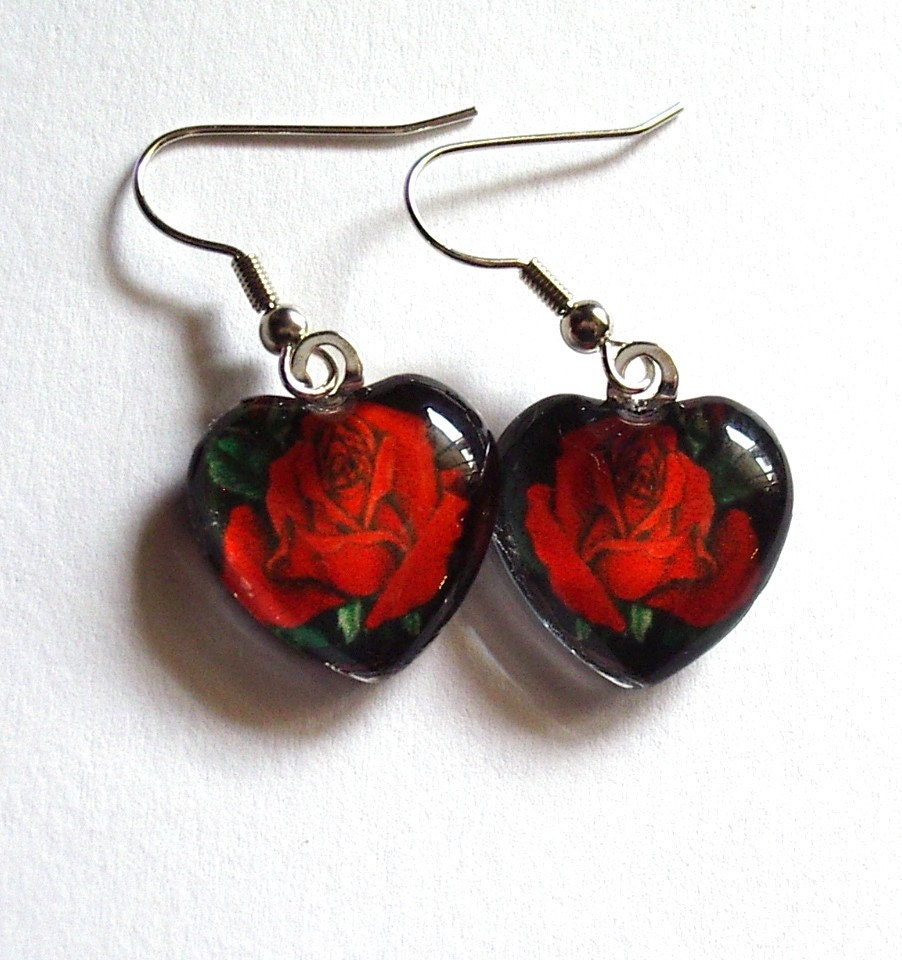 Rose Jewelry Earrings Red Heart Shape Valentine Art Glass