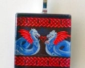 Dragon Jewelry Pendant Blue Dragon Red Hearts Celtic Knot Glass Art