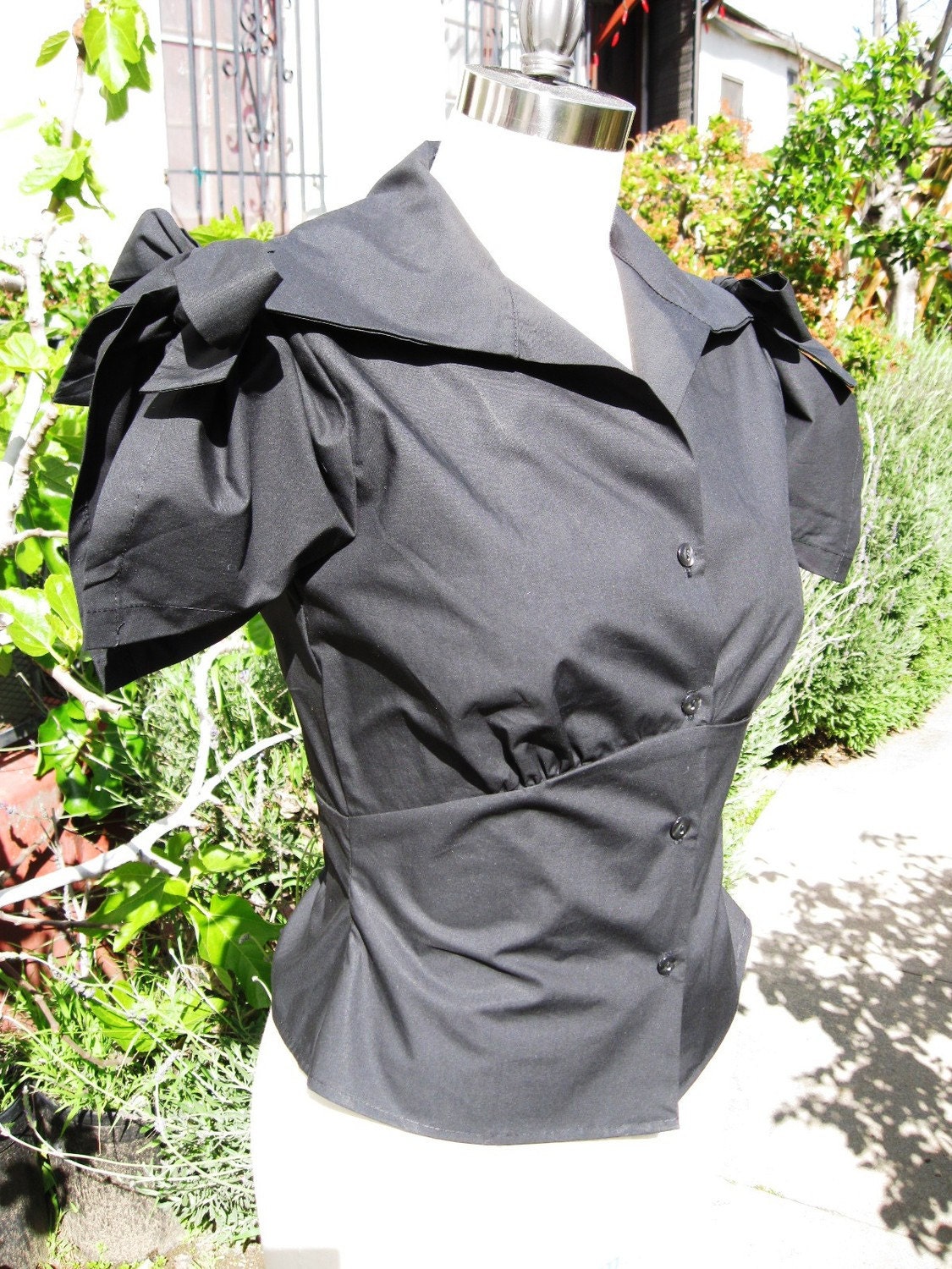 1930s blouse black poplin tie sleeve Ready to ship XS, S, L and XL limited edition