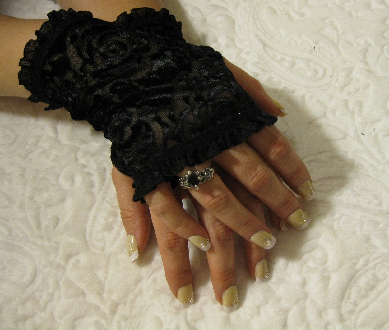 RTS  - Midnight Bouquet  Fingerless Gloves  Velvet Flocked Net - One Size Fits Most