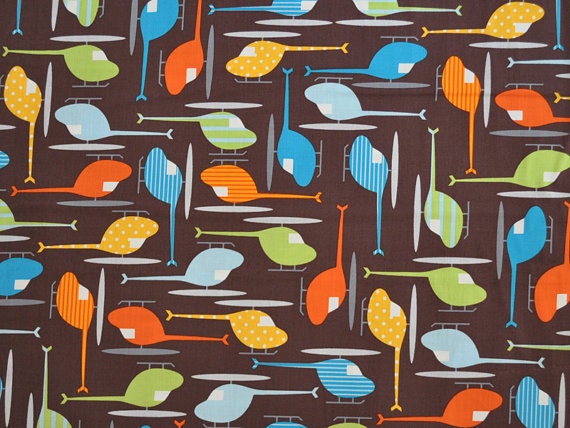 Organic Cotton - Ready Set Go Helicopter print fabric chocolate - Robert Kaufman - 1 yard Great quality