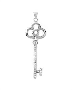Fancy Traditional Key Sterling Silver Pendant with CZ's -- Complimentary Ribbon or Cord