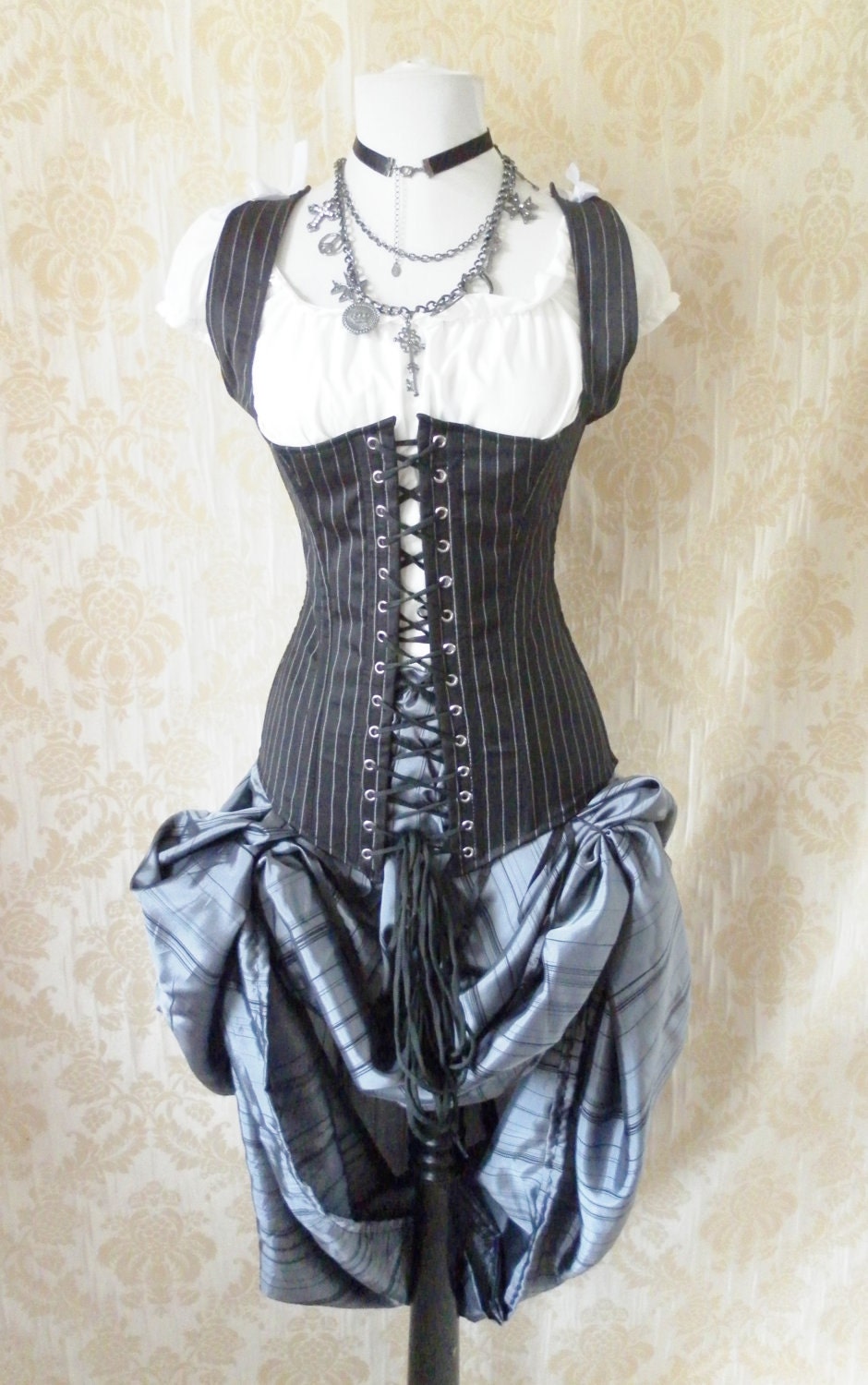 30 DOLLARS OFF Pinstripe steel boned waistcoat corset, moll lace front corset-to fit 26-27 inch natural waist