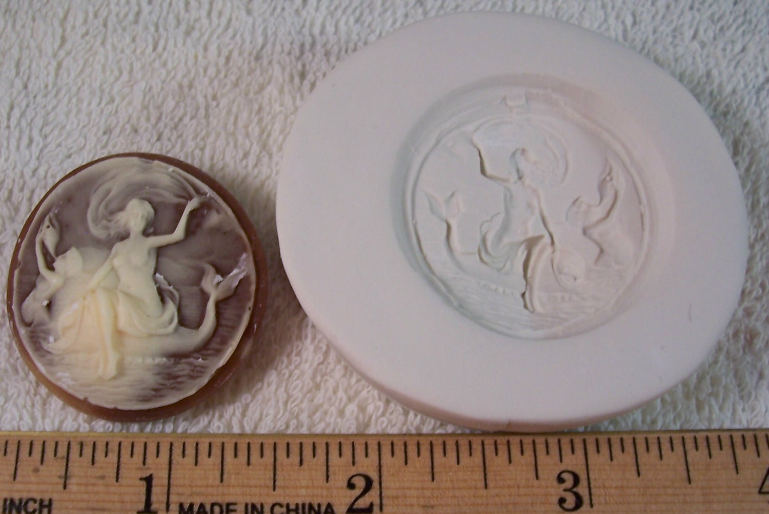 Round Mermaid & Dolphin Cameo 1 3/8" - Hard Polymer Clay mold for use with clay