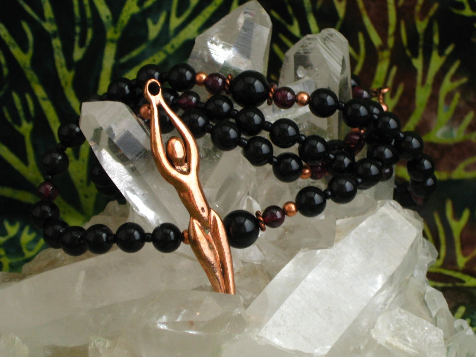 Goddess, Pagan, Spirit, Rosary Necklace with Rainbow Obsidian and Garnet