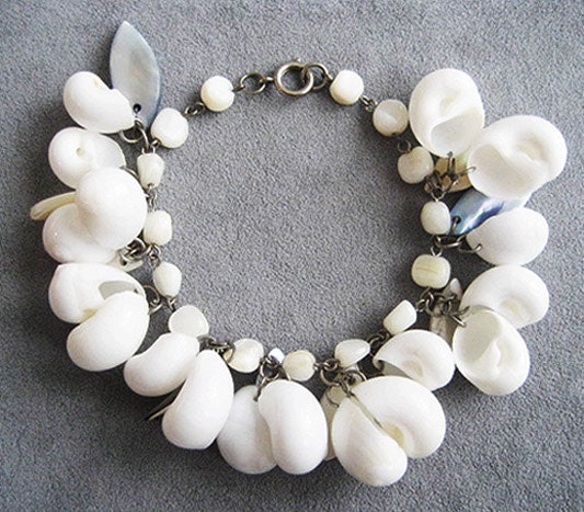 Vintage White Shell Seashells on Mother of Pearl Charm Bracelet