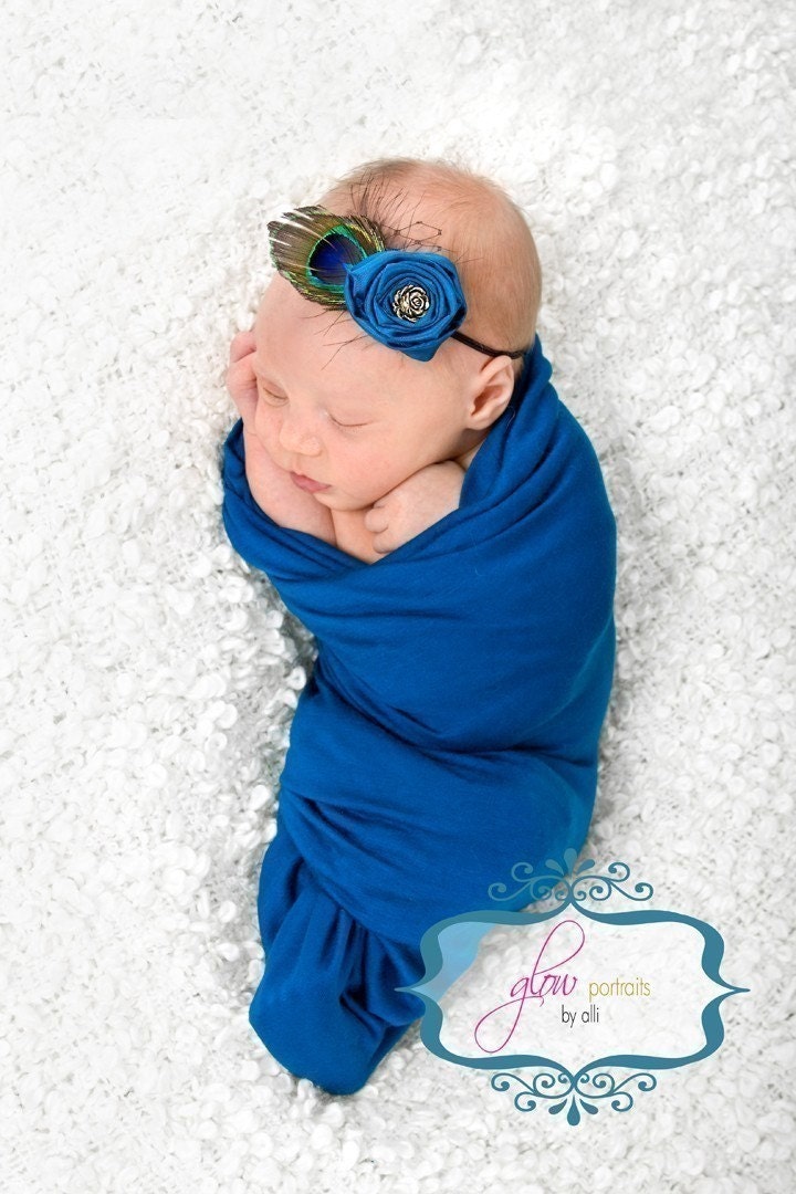 Simple Sweet Peacock Headband with Jade Blue Rosette and Gold Button with Peackock Plume on Thin Black Elastic - Perfect Photography Prop