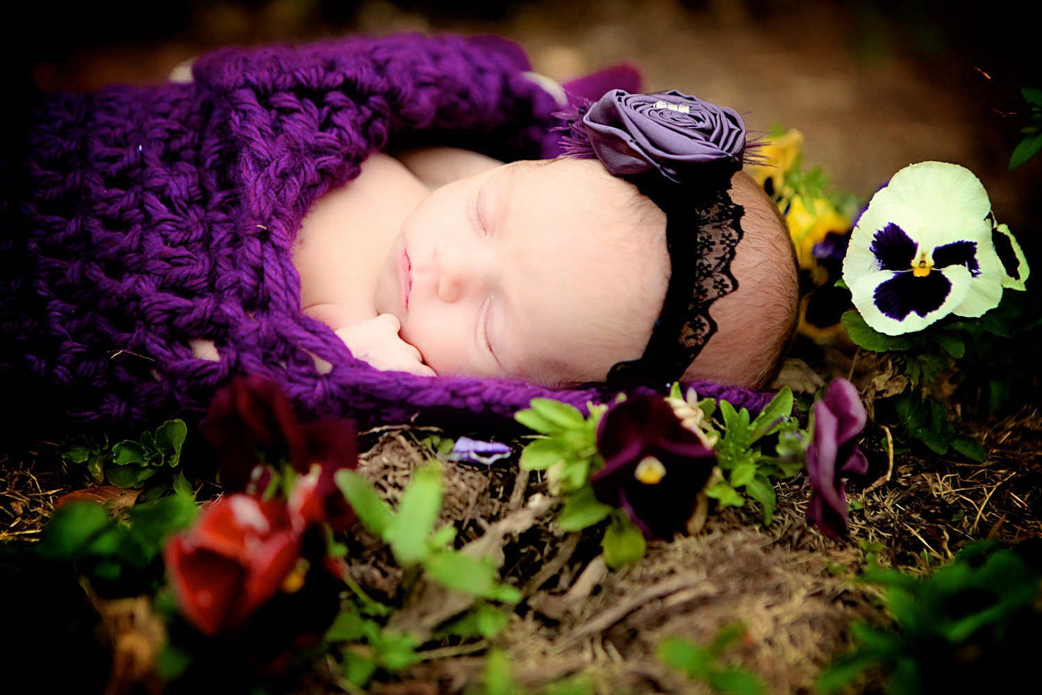 Stunning Silk Plum Purple Rosette with Rhinestone Trio on Thick Black Lace Headband with Purple Feather - Photographers Prop
