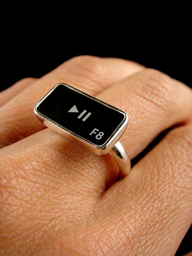 Computer Key Jewelry - Pause Play Sterling Black Key Ring SIze 6.25