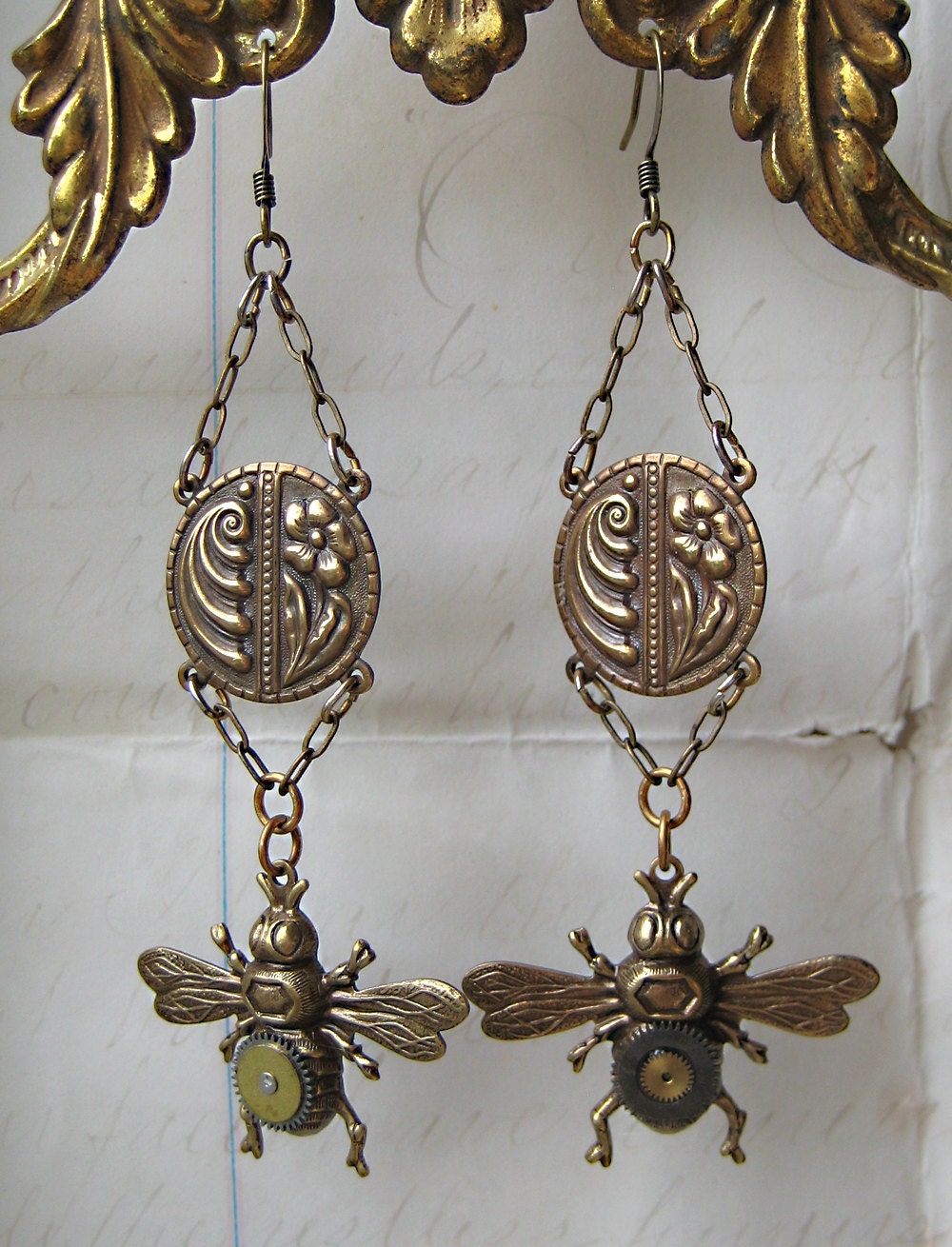 20% off EVERYTHING Victorian Earrings Mechanical Bumble Bee art nouveau vintage brass flower findings
