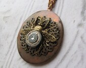 20% off EVERYTHING Steampunk necklace Bee Locket Antique Locket pocket watch parts vintage locket bumble black amber glass beads