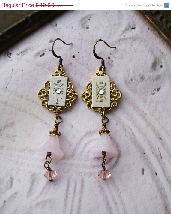 20% off EVERYTHING Vintage Earrings Steampunk watch face pink glass flower beads antiqued brass crystal