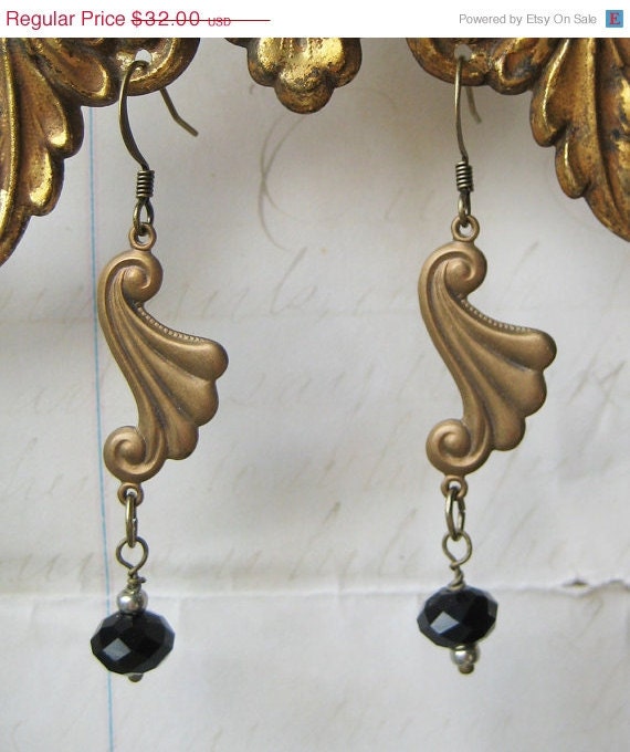20% off EVERYTHING Authentic antique brass findings earrings black glass beads art nouveau art deco swirls