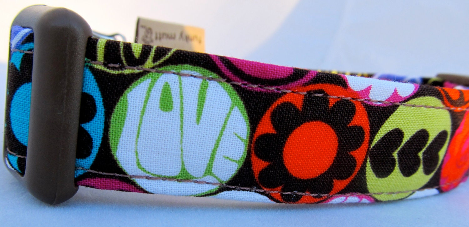Vintage style dog collar-- cute and colorful retro peace, love medallions in pink, orange, turquoise, and green