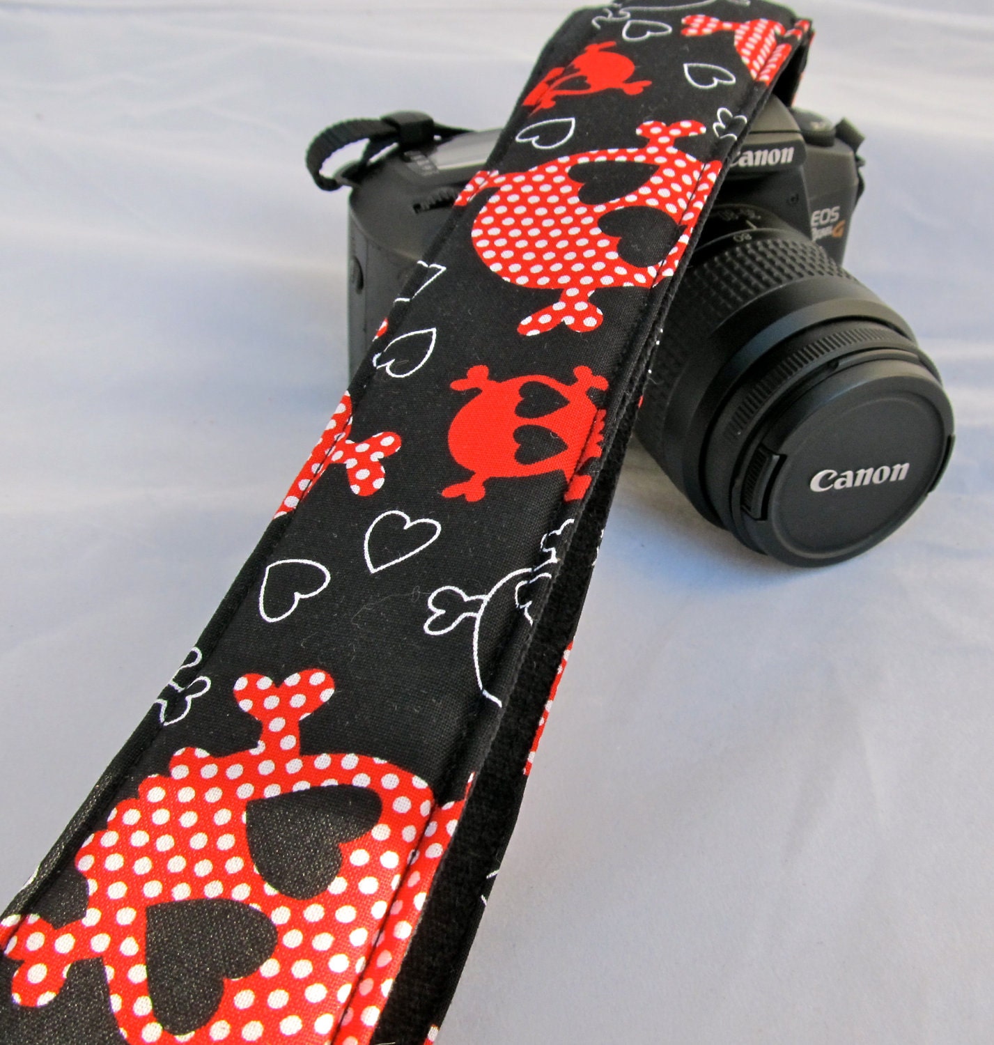 Funky Camera Strap-- Polka Dot Red and White for dSLR style-- Canon Olympus Nikon accessory