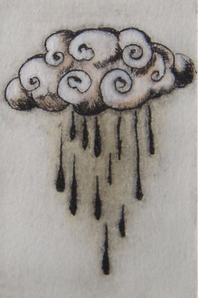 Whimsical art original hand-pulled drypoint print with watercolor Small Shower