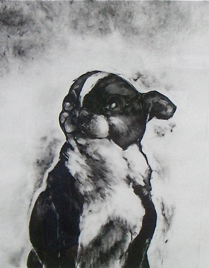 Dog art Original OOAK fine art monotype print wall, home decor Angel