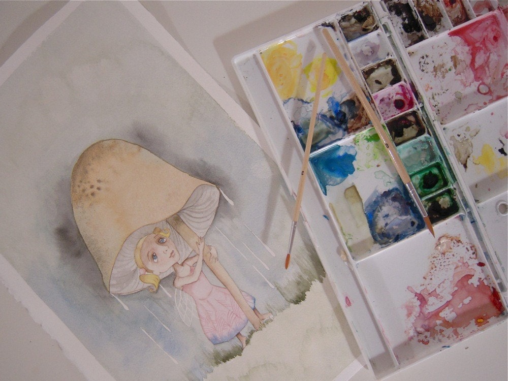 Wall art for children Whimsical fairy mushroom original art watercolor painting Shelter